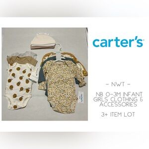 🆕CARTER’S - NB 3M / 0-3M - NWT - 3+PCS INFANT GIRLS ONESIE AND HAT LOT